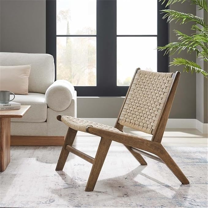 Modway Saoirse Woven Rope Wood Accent Lounge Chair in Walnut Natural