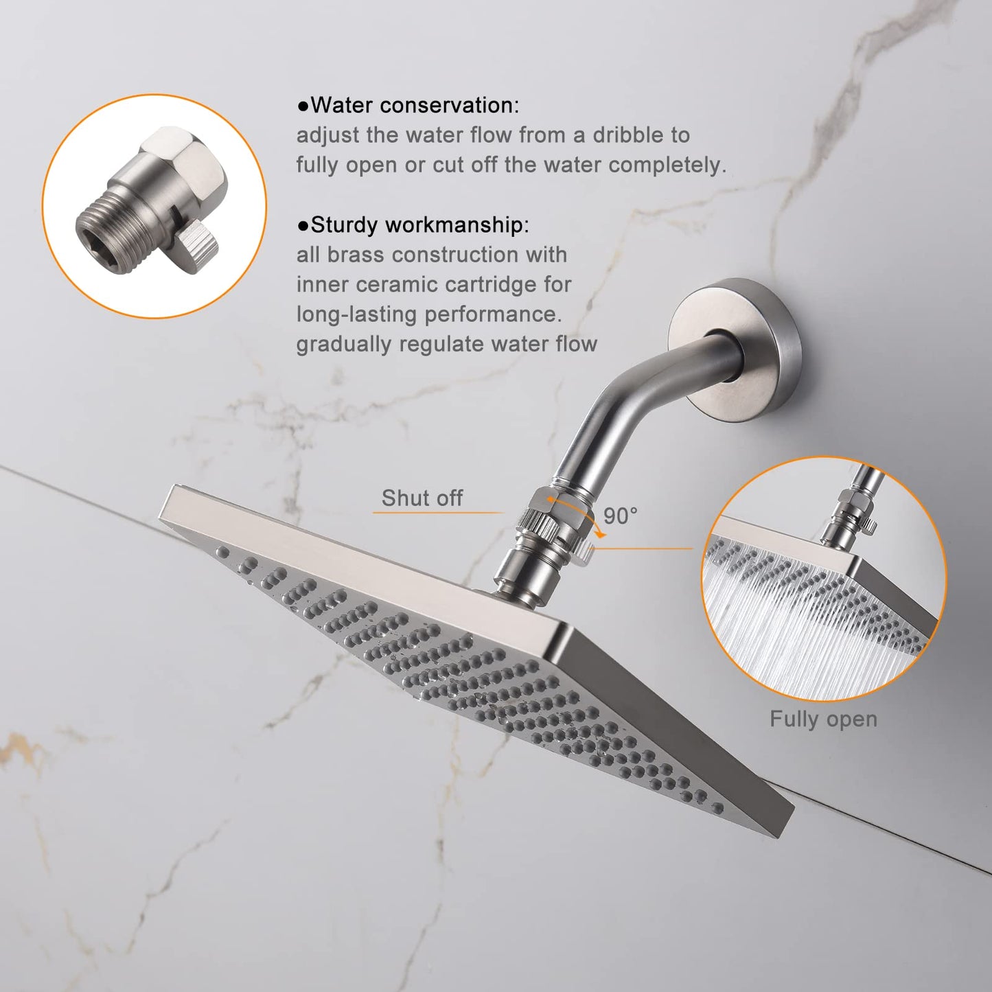 Brushed Nickel Water Flow Control Valve, G 1/2" Shower Head Flow Control Brass Shut Off Valve for Handheld, Water Pressure Regulator Replacement for Shower System