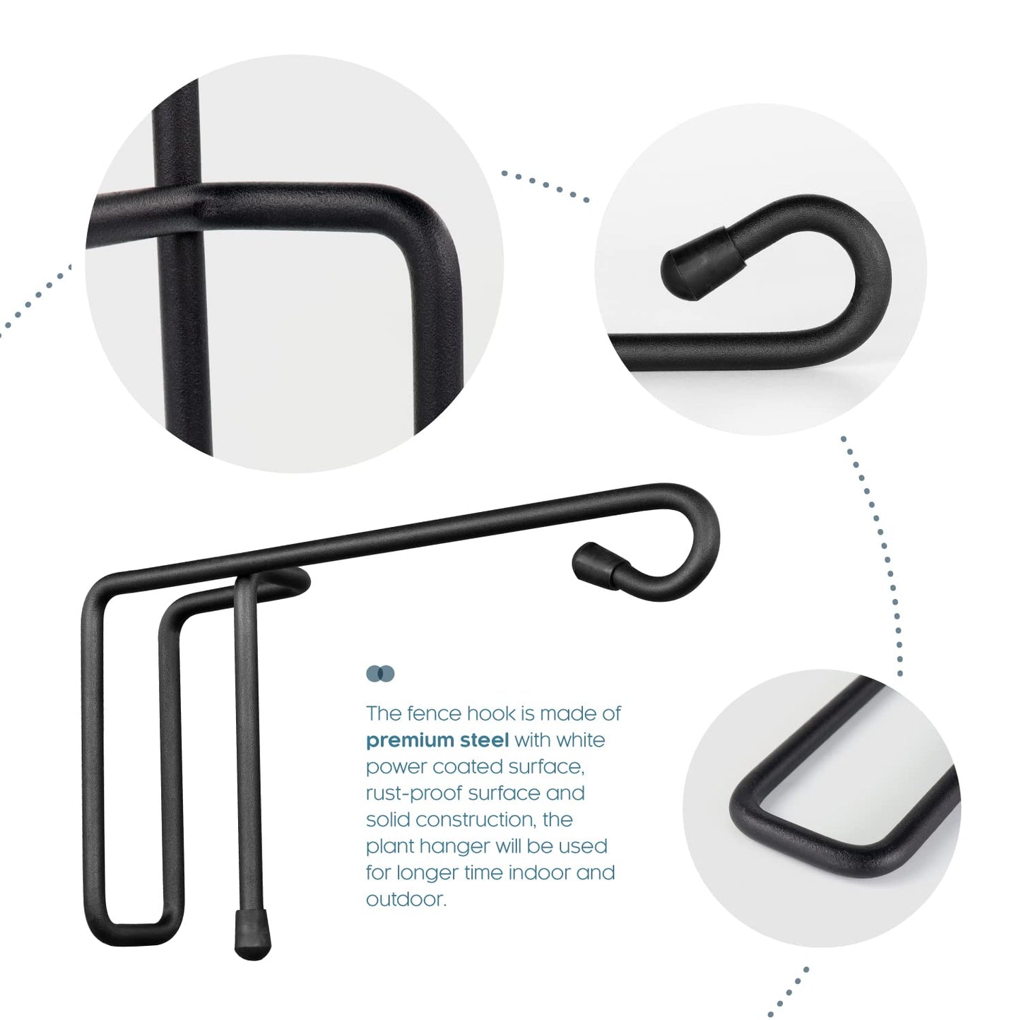 Vinazone Vinyl Fence Hooks for Hanging, Heavy Duty Patio Hangers, Outdoor Fence Hangers for Hanging Flower Baskets, Wind Chimes, Planters, Bird Feeders, Lights, Lanterns - 6 Pack - Black Color