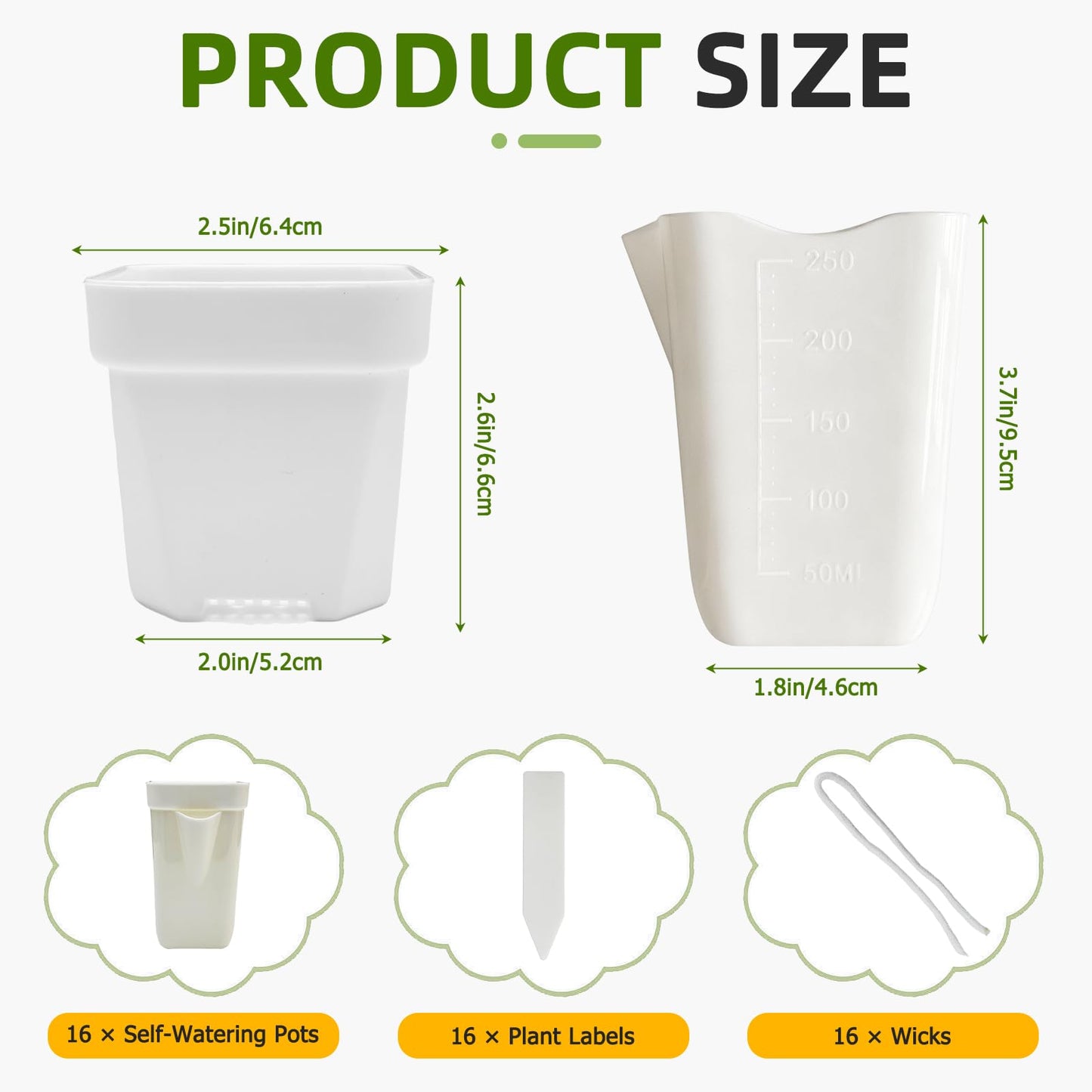 2.5" Small Self Watering Pots for Indoor Plants, 16 Pack Mini White Plastic Planters with Drainage Holes, Semi Hydroponic, Propagation, Cuttings, Seedlings, African Violets, 16 Plant Labels and Wicks