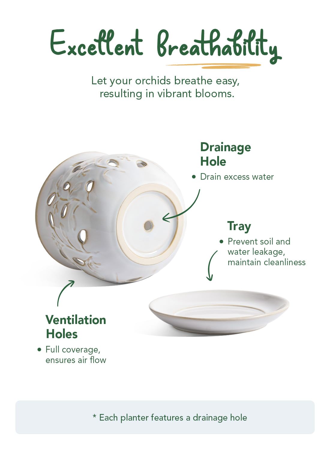 LE TAUCI Ceramic Orchid Pot, 6.5 Inch Orchid Planter with Holes for Repotting, Indoor Flower Plant Pot with Drainage and Saucer, Arctic White