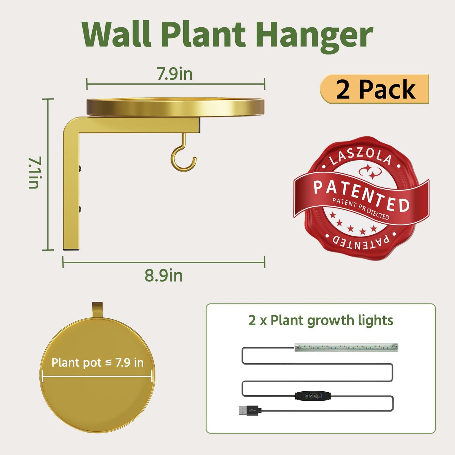 LASZOLA Plant Hangers Shelves Wall Mounted Indoor with Grow Lights, Metal Window Plant Holders, 2Pcs Modern Floating Flower Display Stand with 2 Hooks for Outdoor Kitchen Bathroom Decor, Gold