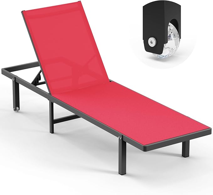 Lounge Chair Outdoor with Wheels, Aluminum Patio Chaise Lounge Chair with 5