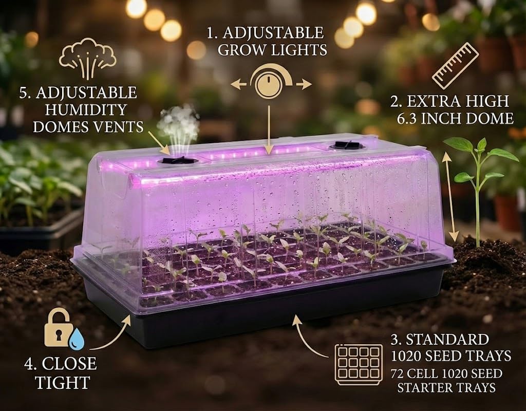 1020 Trays with Grow Light and 6.3" Humidity Dome - 4 Pack Heavy Duty Seed Trays with 72 Cell Plug Trays, Germination Kit with Timer and Dimmable LED - Reusable Plant Propagation Box for Gardening