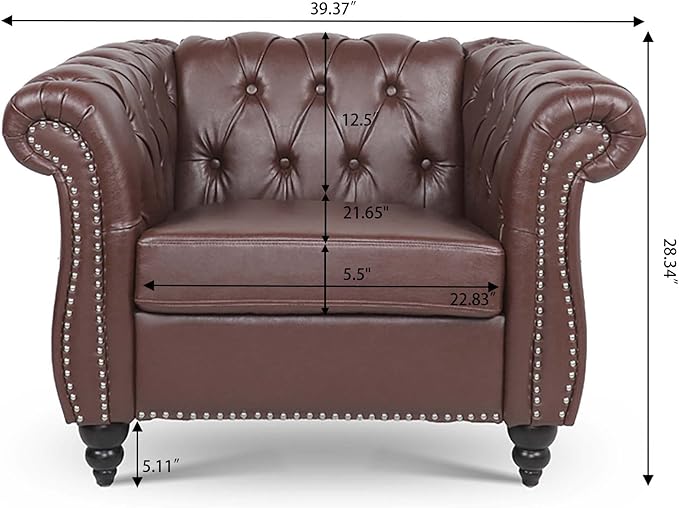 LEVNARY Leather Chesterfield Chair, Mid-Century Modern Single Sofa Chair