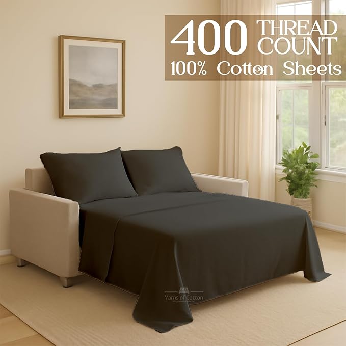 Sleeper Sofa Bed Sheet, 100% Cotton 400 Thread Count, 4 Piece Set, Deep Pocket