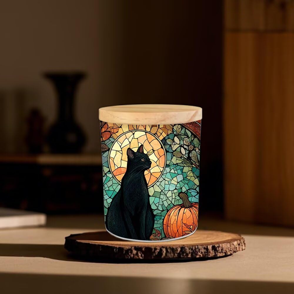 Cute Black Cat Tea Light Holder, Moon and Pumpkin Glass Jar Candle Holder, Home Decor Tea Light Jar, Great Gift for Friends, Mom, Wife