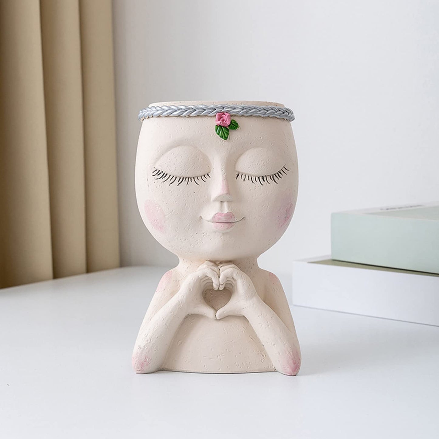 Altsuceser Face Flower Pot Head Planter, Little Girl Closed Eyes with Heart Gesture Flowerpot Planter Pots, Female Head Succulent Pots with Drainage Hole for Indoor Outdoor Plants White One Size