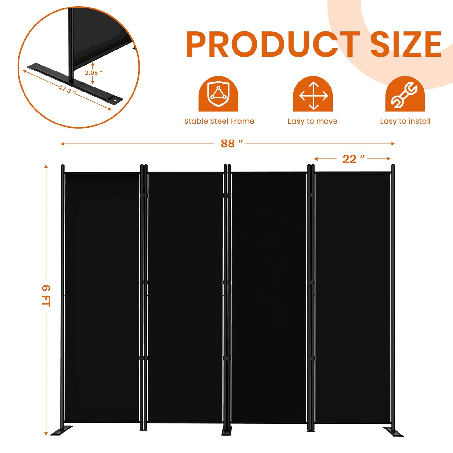 SUNALLY Room Divider 6FT Folding Privacy Screens, 4 Panel Fabric Divider for Room Separation, 88" W Freestanding Portable Wall Dividers Screen for Home Dorm Studio Office, Black