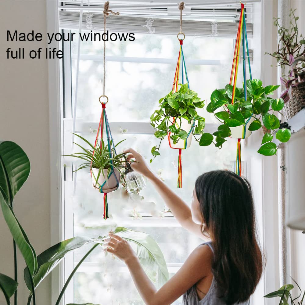 HOWMAX Rainbow Macrame Plant Hangers Indoor Outdoor, 3 Pack Different Size Flower Pot Holder Hanging Plant Holder for Windows Garden Boho Home Decor