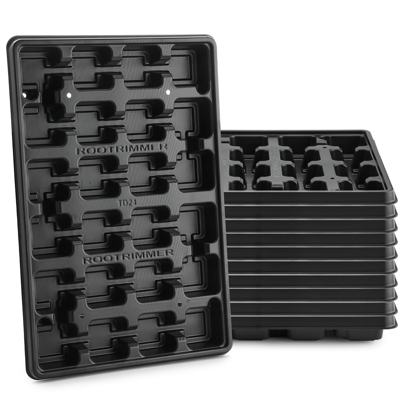 RooTrimmer 24 Cell Nursery Pots Trays 10 Pack (17"x11"x1.6"), Reusable Plastic Plant Pot Tray with Drain Holes, Carrying Seed Starter Tray for Holding 2.8 inch (7CM) Square Nursery Pots (Black)