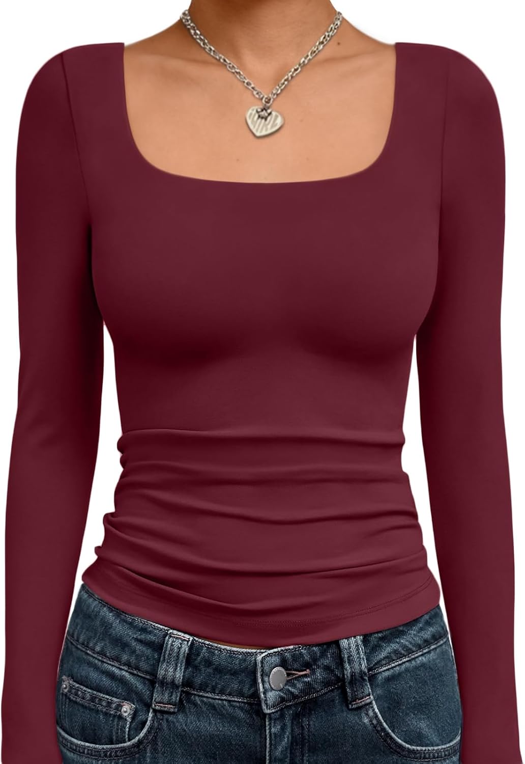 Trendy Queen Womens Long Sleeve Shirts Crop Tops Fall Fashion 2025 Square Neck Going Out Basics Tees Y2k Clothes