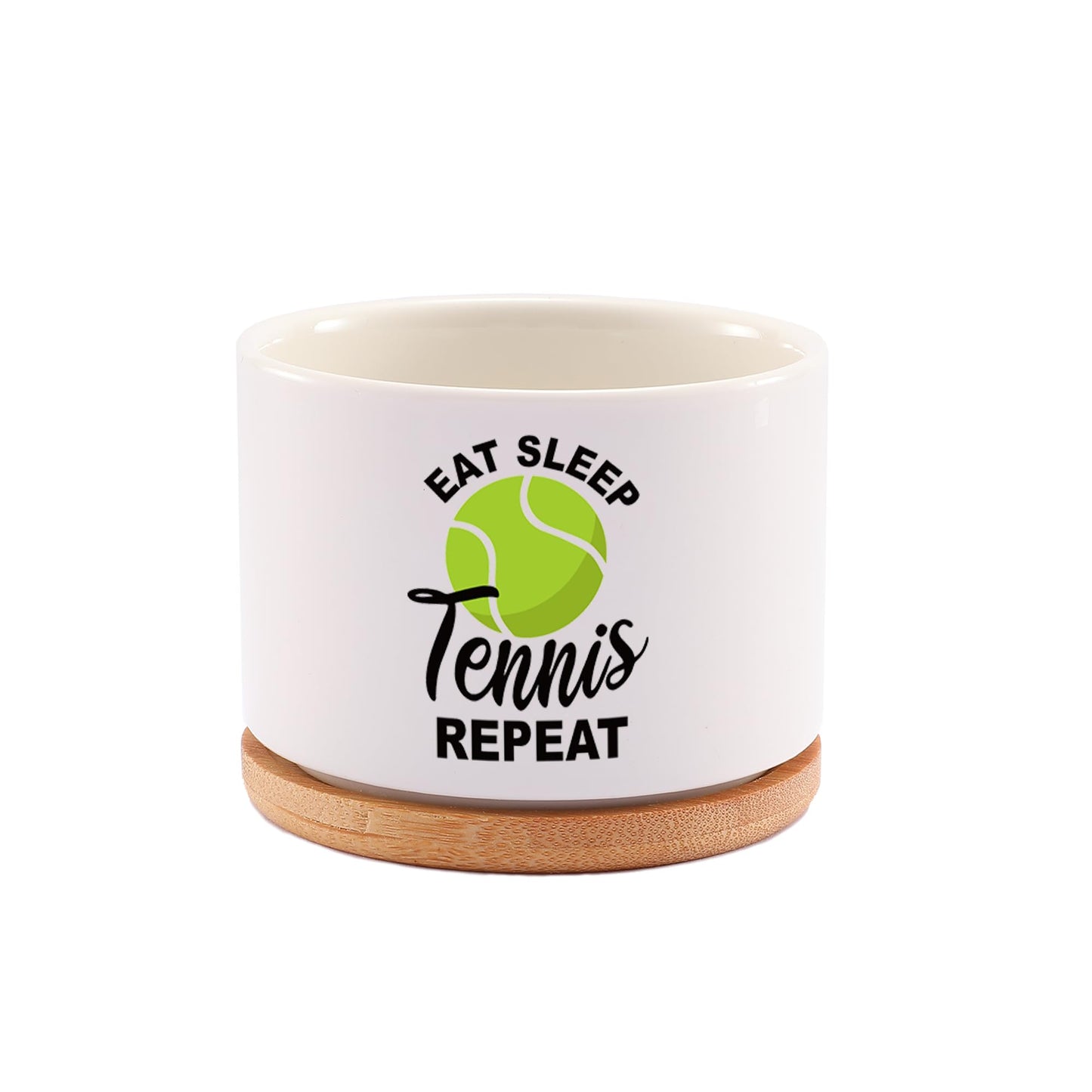Loovelo Eat Sleep Tennis Repeat Tennis Gifts for Sports Lover Coach Player Ceramic Succulent Plant Pot with Bamboo Tray Home Office Decor 3.5 Inch White (No Plants)