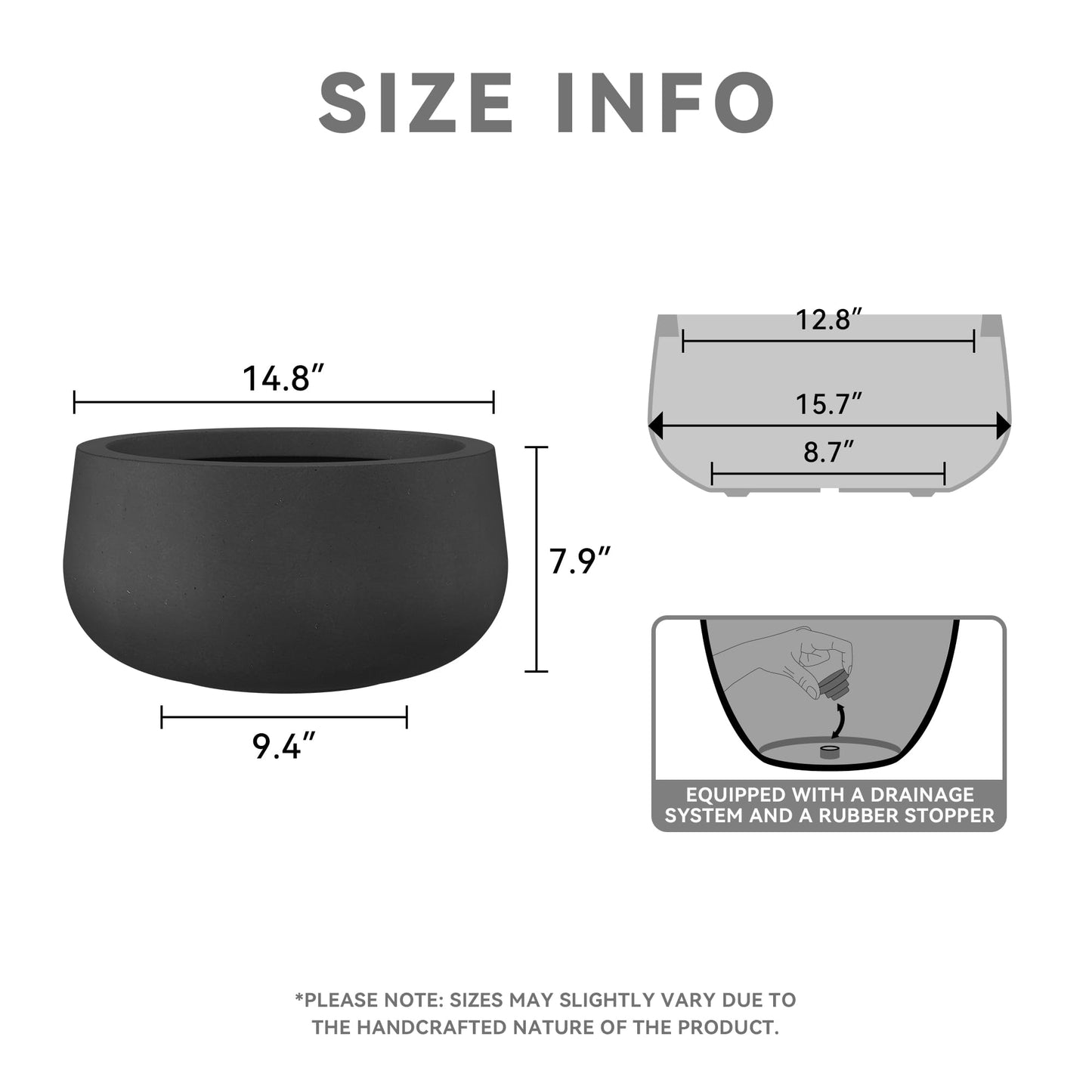 Kante 15.7" Dia Round Concrete Planter, Outdoor Indoor Garden Plant Pots with Drainage Hole and Rubber Plug, Modern Curvaceous Design, Black