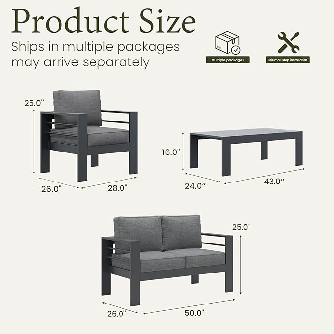 LayinSun Outdoor Aluminum Furniture Set, 4 Pieces Patio Sectional Conversation