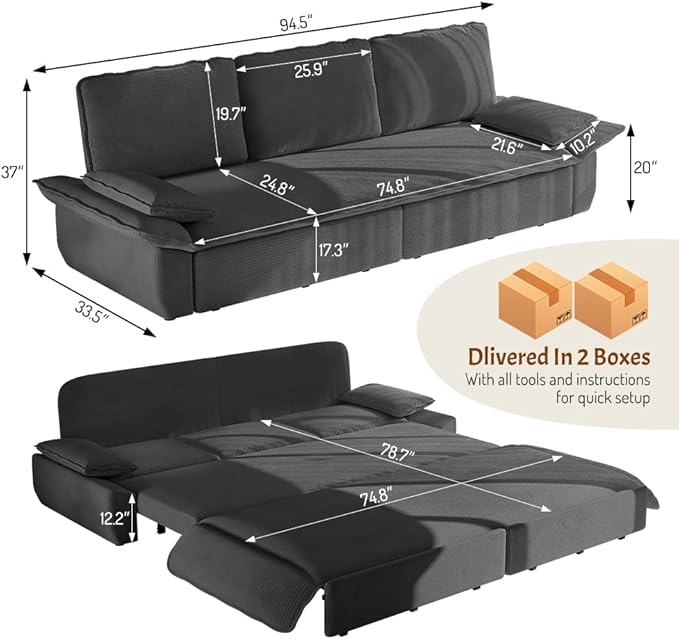 KEIKI 94.5" King 3-in-1 Sleeper Sofa, Oversized Pull-Out Couch