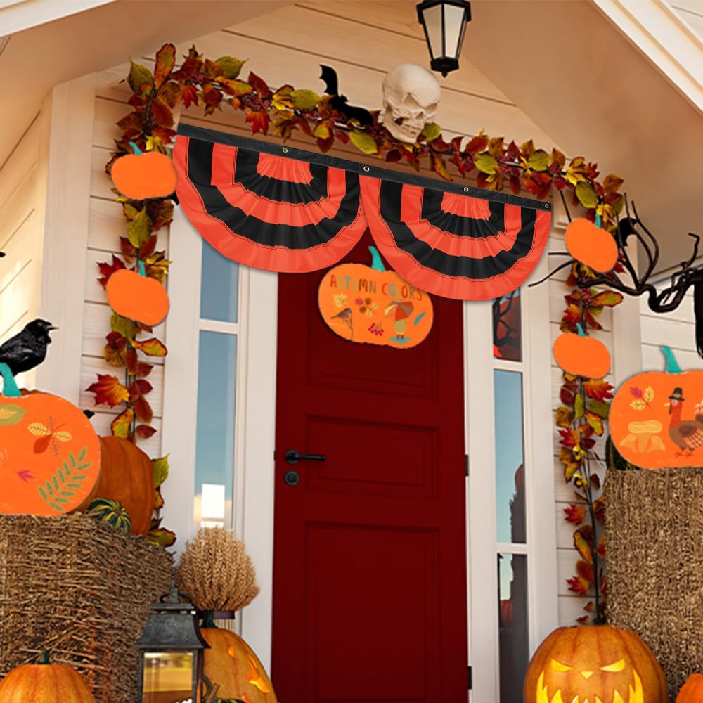 LinaGarten Halloween Bunting Flag 2 x 4 ft Fully Sewn Orange & Black 5 Stripe with 3 Grommets Pleated Half Fan Flag Bunting Banner Trick or Treat Halloween Decor Outside Porch Garden Outdoor Yard Indoor Home