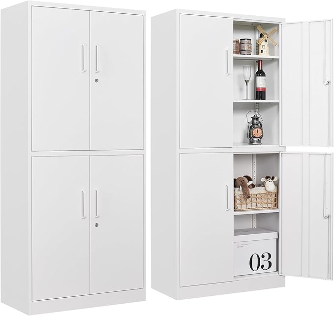 Metal Storage Cabinet with 3 Adjustable Shelves, Tall Steel Pantry Cabinets 4