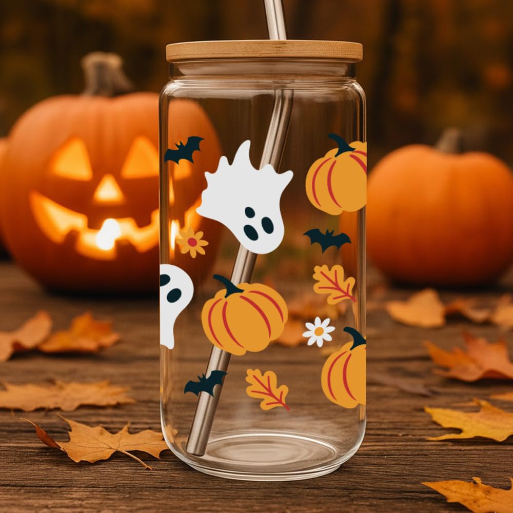 Halloween Ghost Pumpkin Glass Cup with Straws and Lids Gifts for Women,Friends,Happy Halloween Coffee Mug Trick Or Treat Iced Coffee Cup Glass Tumbler 16oz,Spooky Gifts for Boo Basket Stuffers