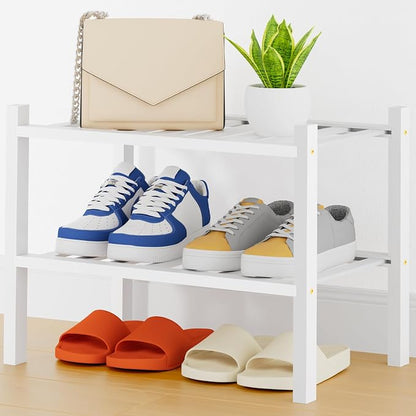 Smiry Small Bamboo Shoe Rack, 2 Tier Free Standing Wooden Shoe Organizer, Stackable Wood Shoe Storage Shelf for Closet, Entryway, 14 Vertical Slats, One-piece Heavy-Duty Legs, 17.3"x11"x13", White