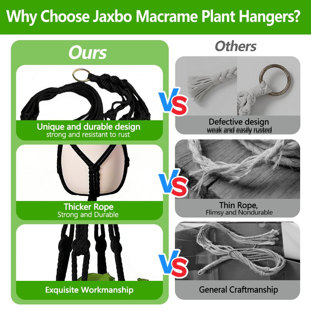 Jaxbo Macrame Plant Hangers 2 Pack Indoor Outdoor Hanging Planter Basket Handmade Rope Hanging Plant Holder for Indoor Outdoor Boho Home Decor 41 Inch, Black