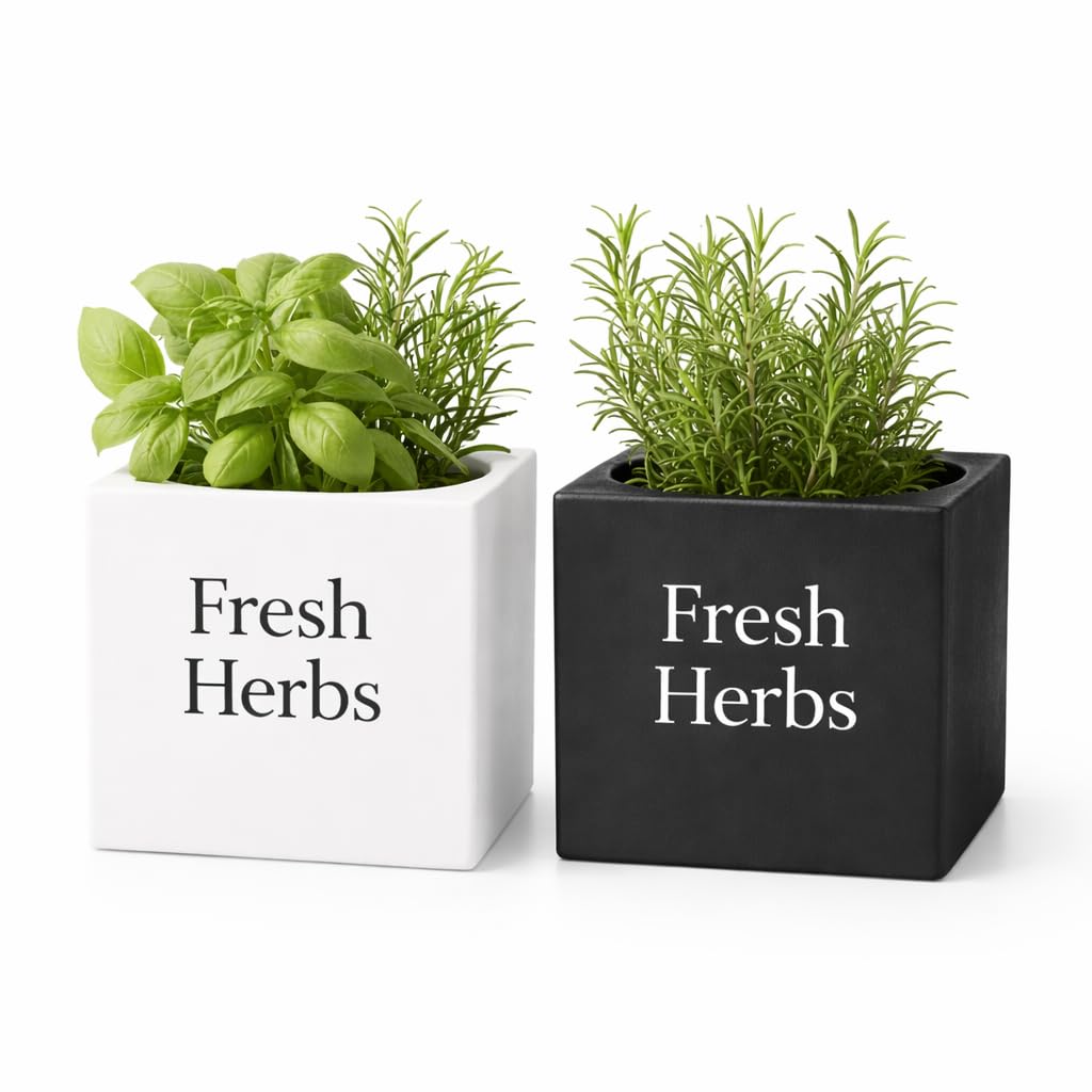 Fresh Herbs Planter Set of 2 (White & Black), 3.94'' Square Indoor Herb Pots for Kitchen Countertop, Modern Minimal Planters for Home Décor