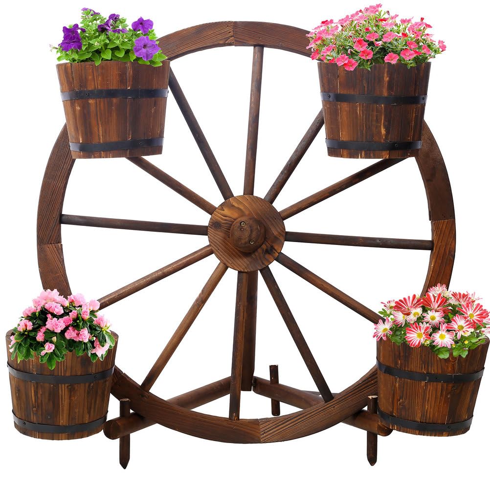 CWKISS Rustic Wooden Wagon Wheel Barrel Planter – Fir Wood Outdoor & Indoor Garden Cart Planter with 4 Metal-Banded Barrels, Decorative Flower Display for Patio, Porch, Yard, or Home