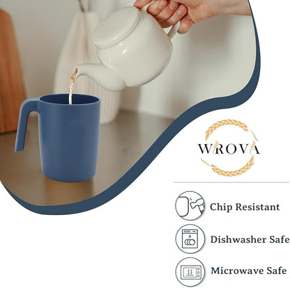 Wrova 16oz Wheat Straw Cups with handles set of 6-Plastic Cups Reusable-Unbreakable Kids Mugs-Dishwasher Safe & Microwave Safe-Ideal Plastic Mugs for Tea,Coffee,Camping,RV-Navy Blue