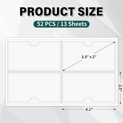 52 Pack Clear Adhesive 3.5" x 2" Index Card Pockets With Top Open, Plastic Card Sleeves Index Card Holder for Organizing Storage Bins, Library Cards, Notes, Drawer