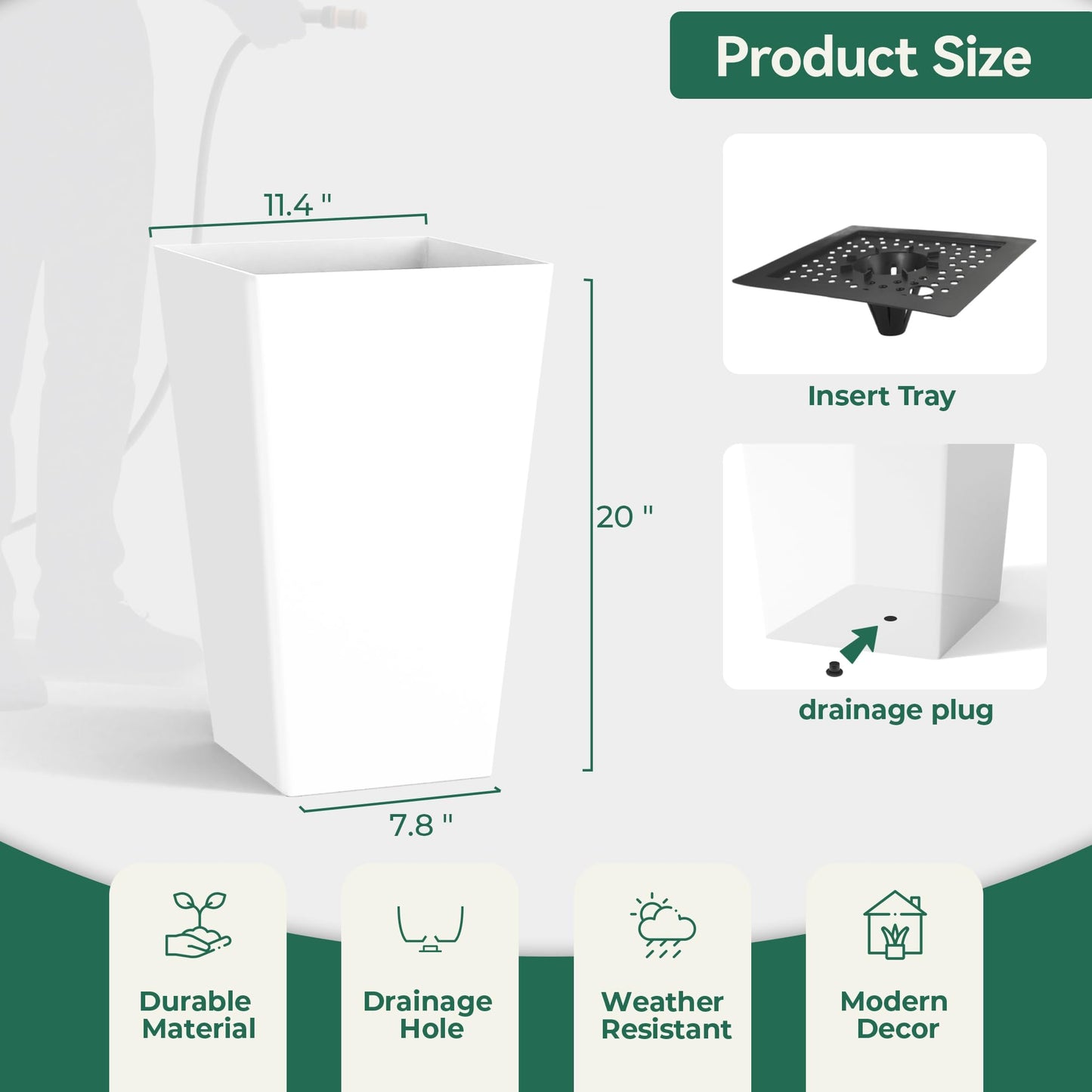 Worth Garden 20" Tall Planters Set of 2 – Large White Tapered Plastic Flower Pots for Indoor & Outdoor Use – Modern Plant Containers with Drainage Holes – Ideal for Front Porch, Patio, Balcony