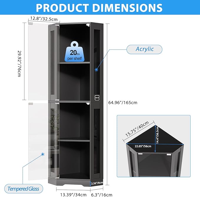 BROTTAR 65" Corner Glass Display Cabinet