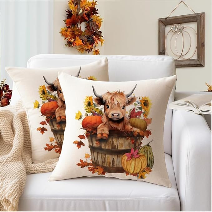 RABUSOFA Fall Decor Pillow Covers 18x18 Inch Highland Cow Autumn Decorations