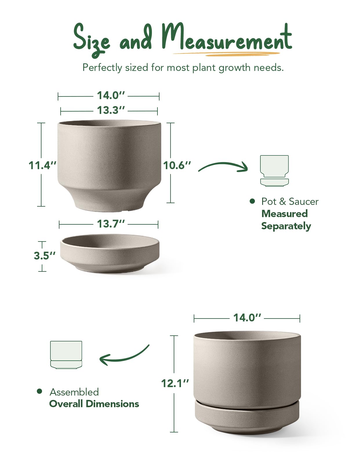 LE TAUCI Large 14 Inch Plant Pot with Saucer | Ceramic Outdoor & Indoor Big Planter Pot | Drainage Hole, Mesh Pad | Unglazed Porous | Modern Minimalist for Home and Patio – Neutral Gray