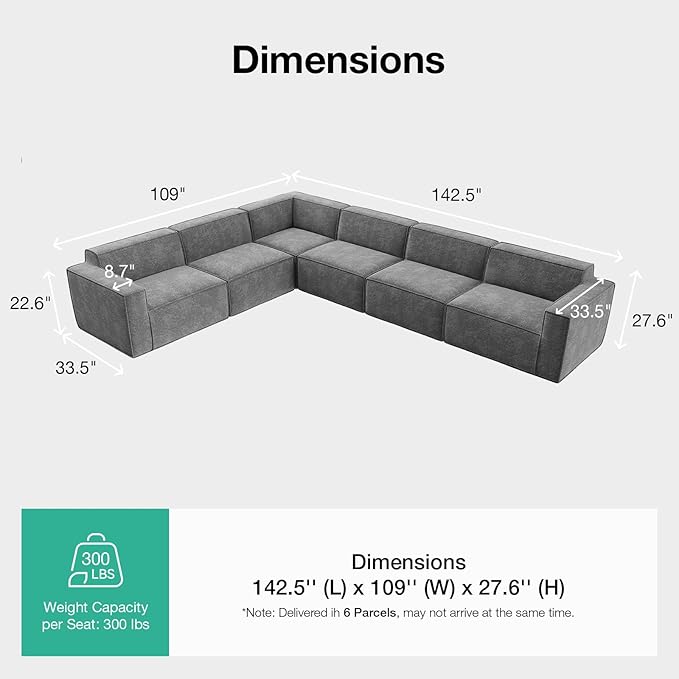 Novilla 142.5" Modular Sectional Sofa, No Assembly Cloud Sectional Couch