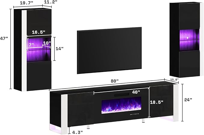 AMERLIFE 3-Piece Modern Wall Unit Entertainment Center Set, High Gloss 80"