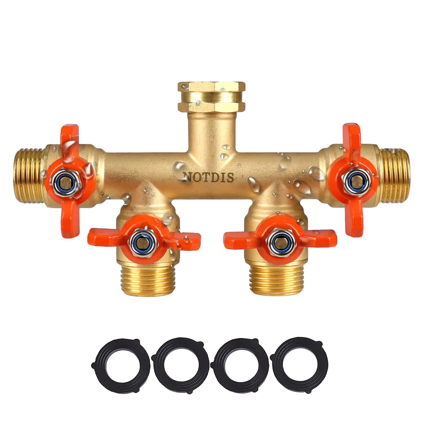 4 Way Brass Hose Splitter Full Flow with Metal Handle - Heavy Duty Spigot Splitter with Shut Off Valve, 3/4" GHT Garden Tap Connector