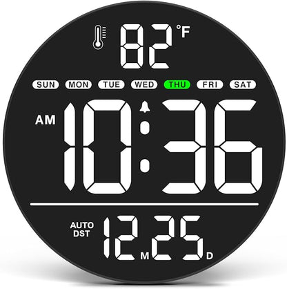 WallarGe Large Digital Wall Clock with LED Display, Electric Wall Clock with Temperature, Auto DST, Date, and Day, 5-Level Brightness for Office, Bedroom, Living Room, Classroom Décor