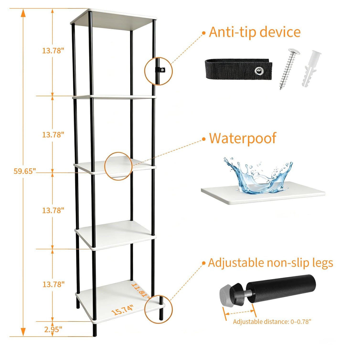 FredCache 5 Tier Corner Bookshelf,Wooden Standing Shelf Unit with Thin Metal Frame,Anti-Tip Design Narrow Storage Organizer for Small Spaces,Living Room Bedroom Office Kitchen,White