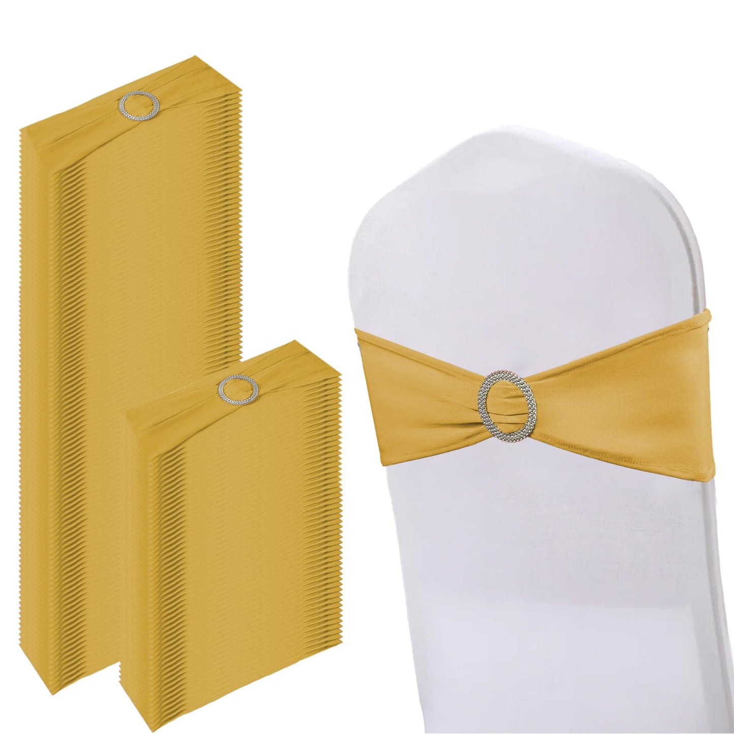 150 Pack Spandex Stretch Chair Sashes Bows, Elastic Stretch Chair Cover Bands Ties with Buckle Slider for Wedding Party Ceremony Reception Event Banquet Decoration (Gold)