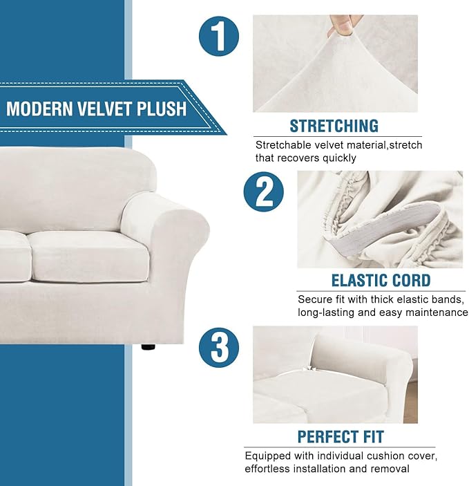 H.VERSAILTEX High Stretch Sofa Slipcover 4 Piece Cover Velvet Furniture