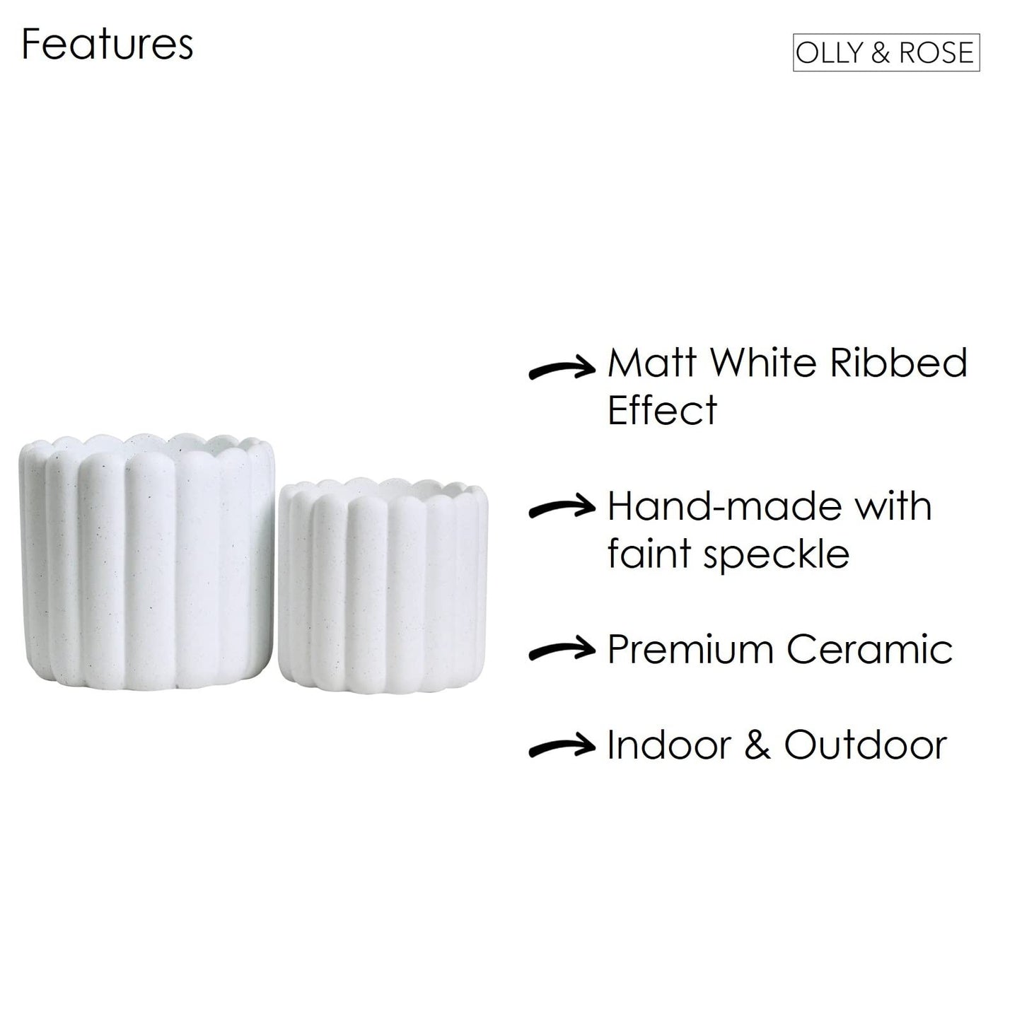 Olly & Rose Vertical Striped Ribbed Plant Pots - Charcoal Speckled White Planters - 6.5" and 5.3" Diameter Flower Pots for Indoors and Outdoors (White Ribbed)