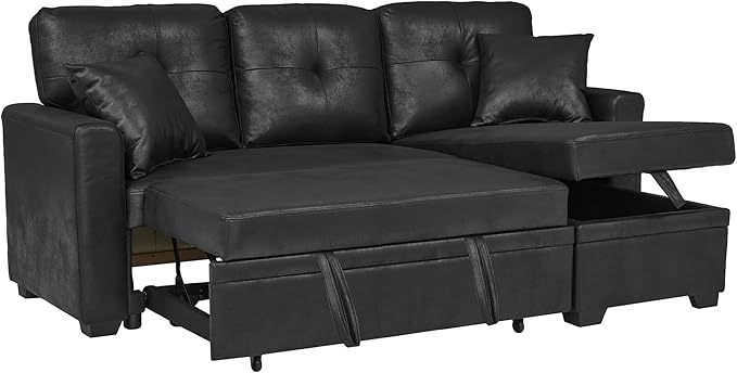 L Shaped Sectional Couch with Storage and Pull Out Bed, 3 Seater Sleeper Sofas