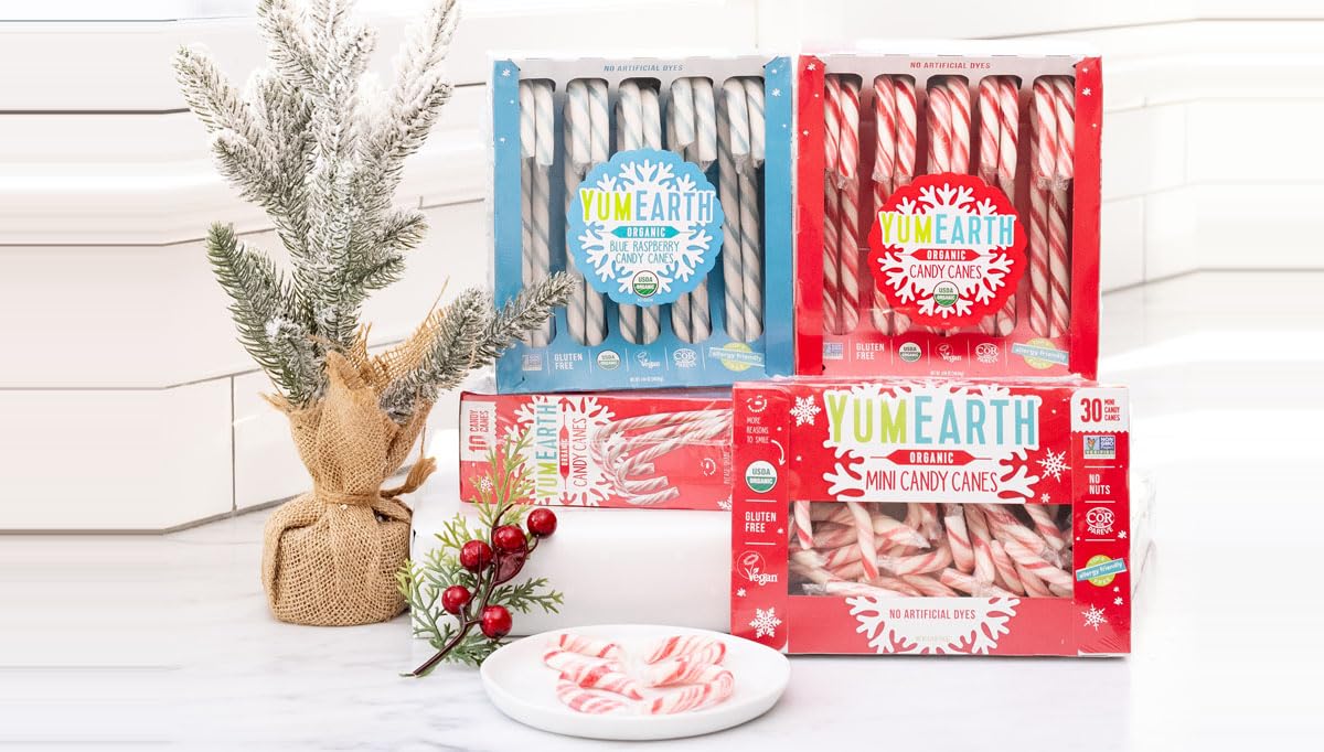 YumEarth Organic Candy Canes - Individually Wrapped Full Size Peppermint Candy Canes - Allergy Friendly, Non GMO, Gluten Free, Vegan, Dye Free Christmas Candy - 10 Count (Pack of 1)