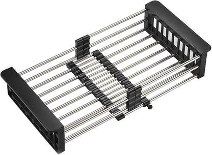 Dish Drying Rack, Over The Sink Dish Drying Rack, Stainless Steel Drainer with Adjustable Arms Holder Functional Kitchen Sink Organizer for Vegetable and Fruit, Black