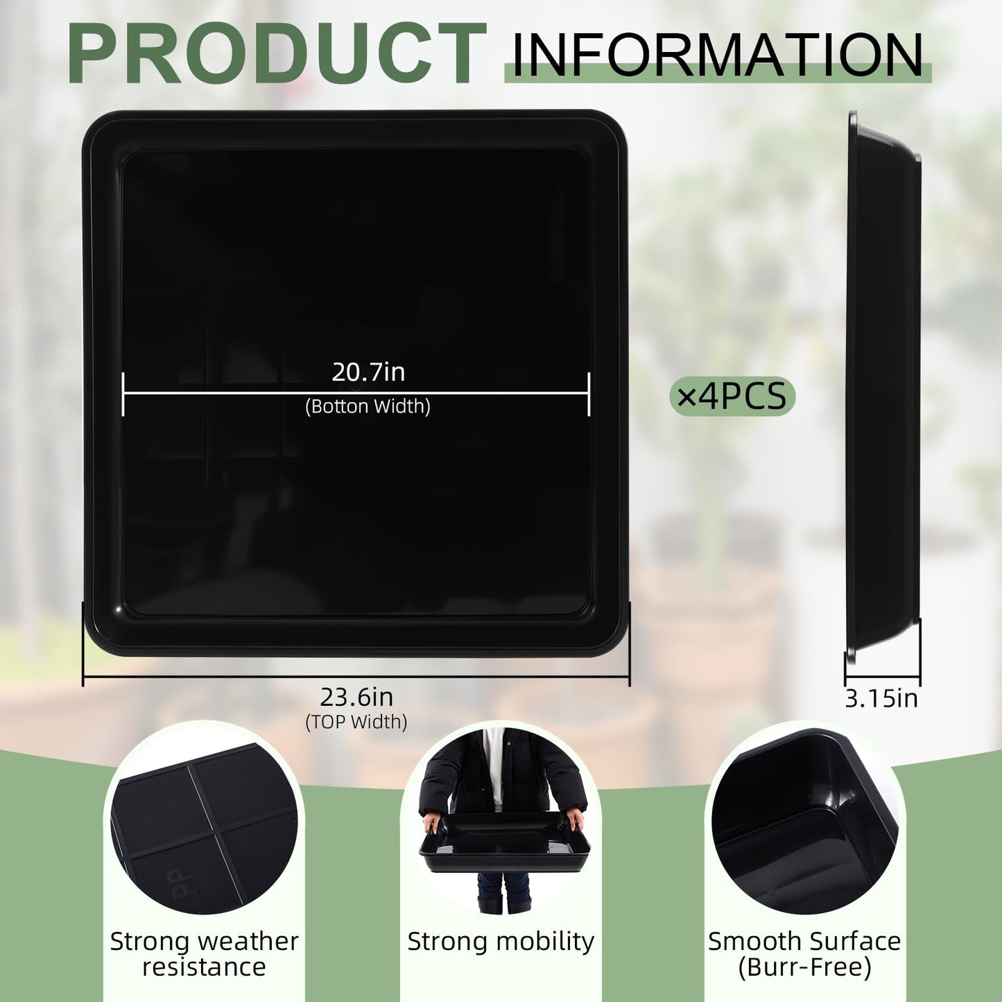 Vesici 4 Pack Large Squared Plant Saucer 23.6 x23.6”x 3” Black Plastic Garden Square Potting Tray for Indoor Outdoor Plant Water Receiving Tray for Flower Pot Planter, Windowsill