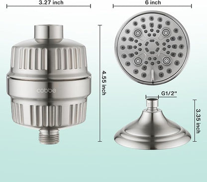 Cobbe 6-Setting High Pressure Filtered Shower Head Combo, Detachable Rain Shower Head with 20 Stage Shower Head Filter for Hard Water - Remove Chlorine and Harmful Substances, Brushed Nickel