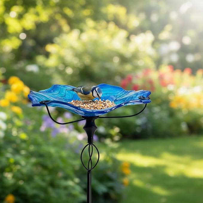 HONGLAND Bird Baths for Outside,11" Small Blue Glass Birdbaths Outdoor,Detachable Bird Feeder with Metal Stake for Garden Yard Patio Decor,32" Height