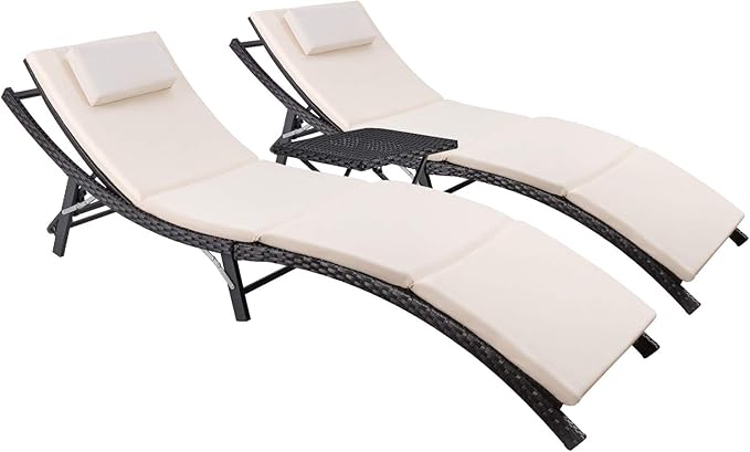 Devoko Patio Chaise Lounge Sets Outdoor Rattan Adjustable Back 3 Pieces