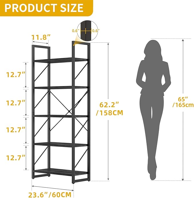 DWVO 5 Tier Bookshelf, Industrial Bookshelves Open Shelf Bookcase, Storage