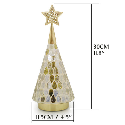 Mosaic Glass Christmas Tree Gold with Star, 3 PCS Small Tabletop Christmas Trees with Light, Battery Operated Xmas Tree for Bedroom Decor 11"